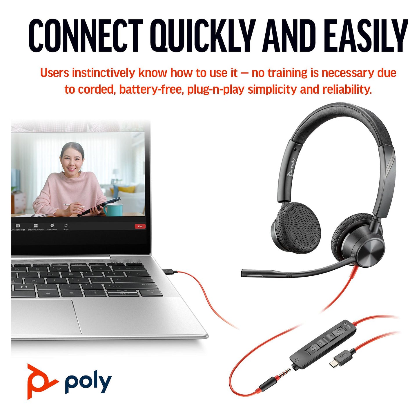 HP Poly Blackwire 3325 Stereo Microsoft Teams Certified USB-C Headset +3.5mm Plug +USB-C/A Adapter (214016-01)