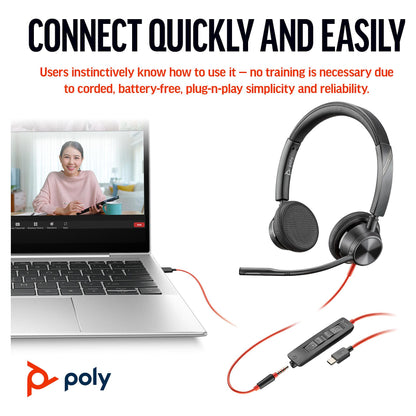 HP Poly Blackwire 3325 Stereo Microsoft Teams Certified USB-C Headset +3.5mm Plug +USB-C/A Adapter (214016-01)