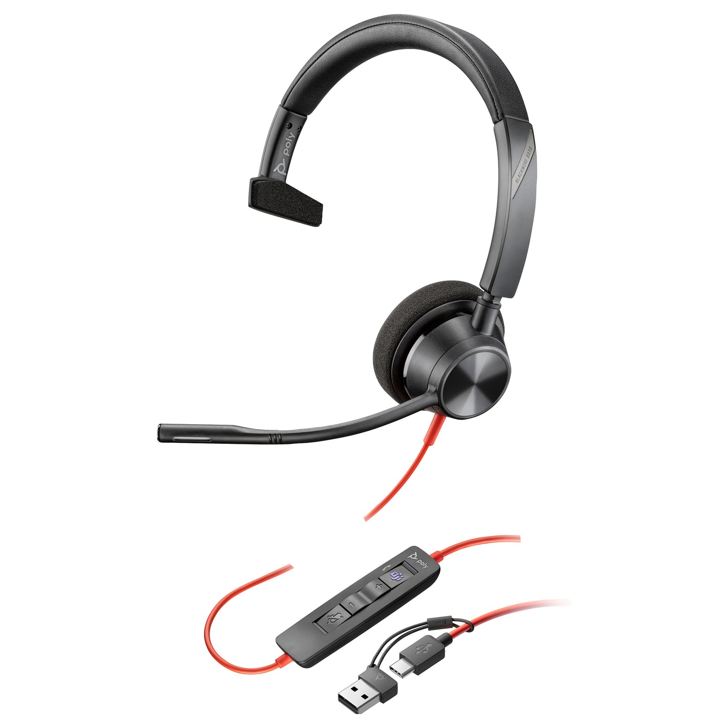 HP Poly Blackwire 3310 Monaural Microsoft Teams Certified USB-C Headset +USB-C/A Adapter (212703-01)