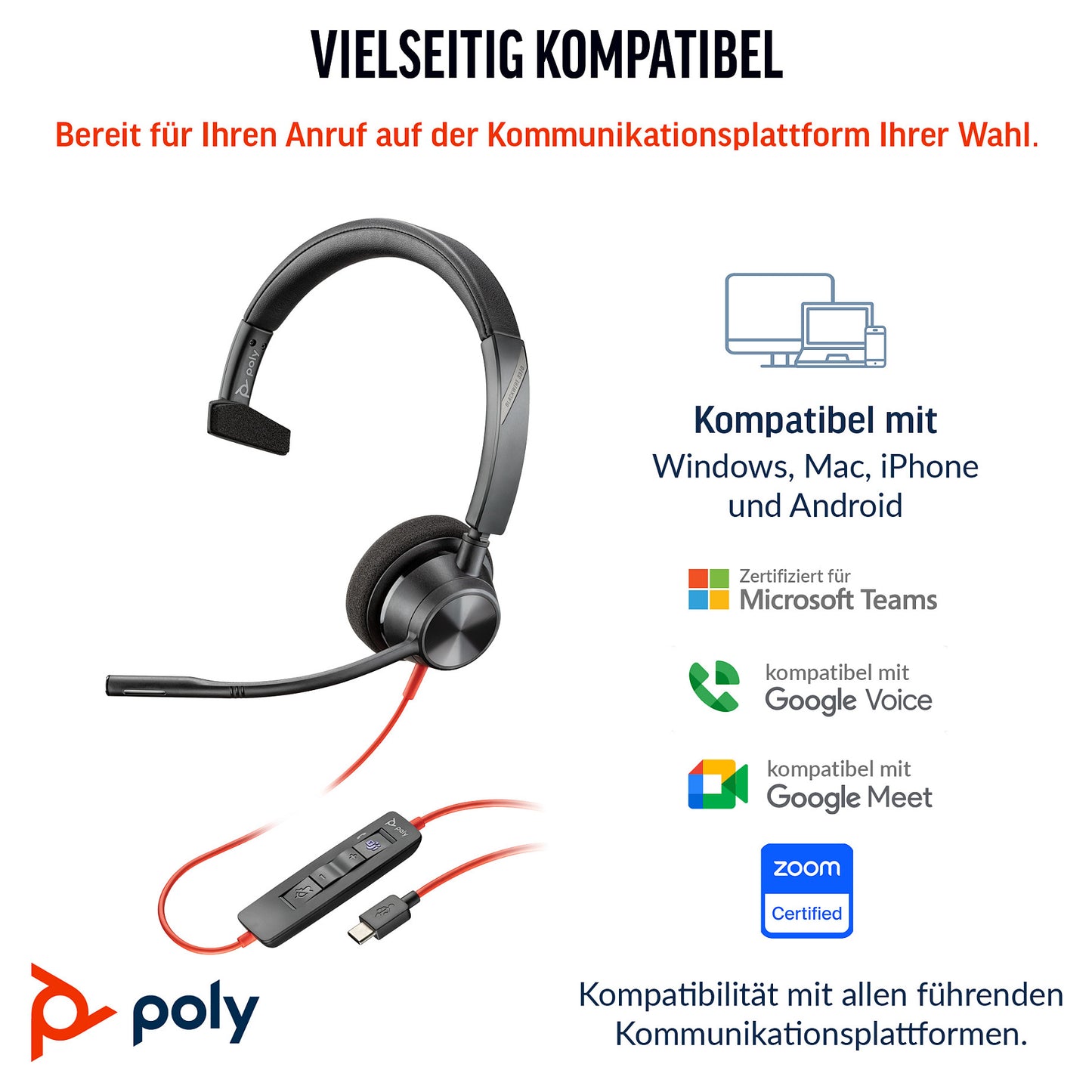 HP Poly Blackwire 3310 Monaural Microsoft Teams Certified USB-C Headset +USB-C/A Adapter (212703-01)