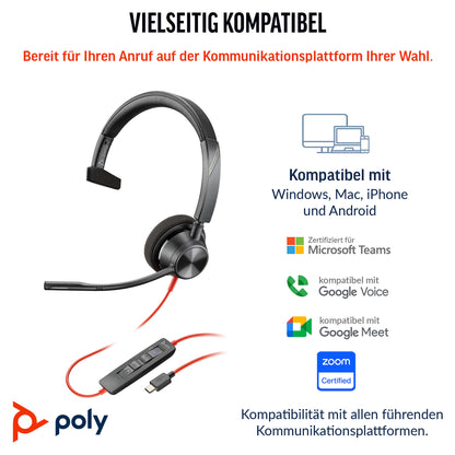 HP Poly Blackwire 3310 Monaural Microsoft Teams Certified USB-C Headset +USB-C/A Adapter (212703-01)