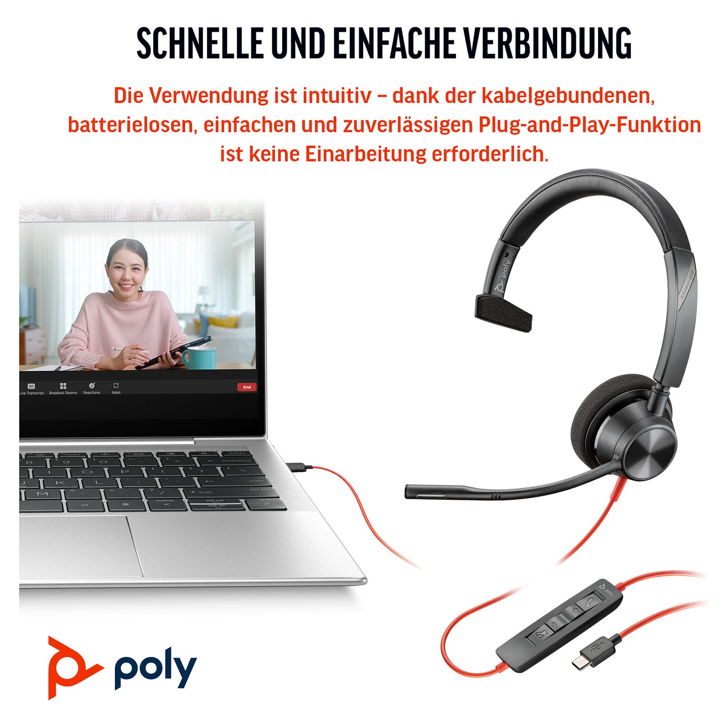 HP Poly Blackwire 3310 Monaural Microsoft Teams Certified USB-C Headset +USB-C/A Adapter (212703-01)