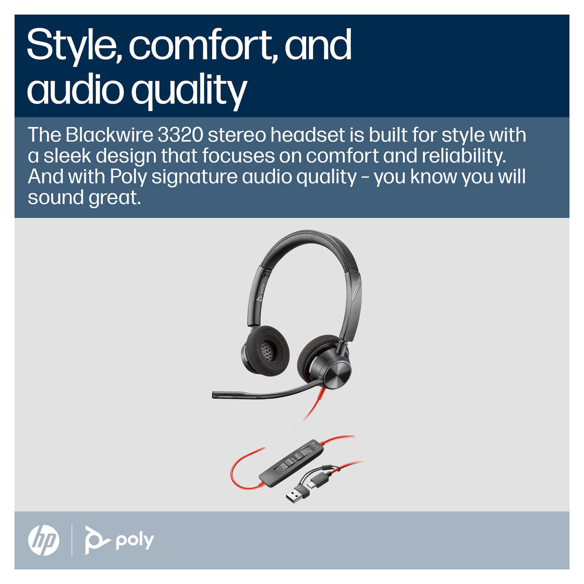 HP Poly Blackwire 3320 Stereo Microsoft Teams Certified USB-C Headset +USB-C/A Adapter (214012-01)