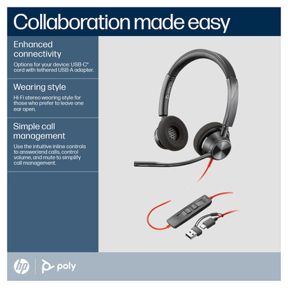 HP Poly Blackwire 3320 Stereo Microsoft Teams Certified USB-C Headset +USB-C/A Adapter (214012-01)