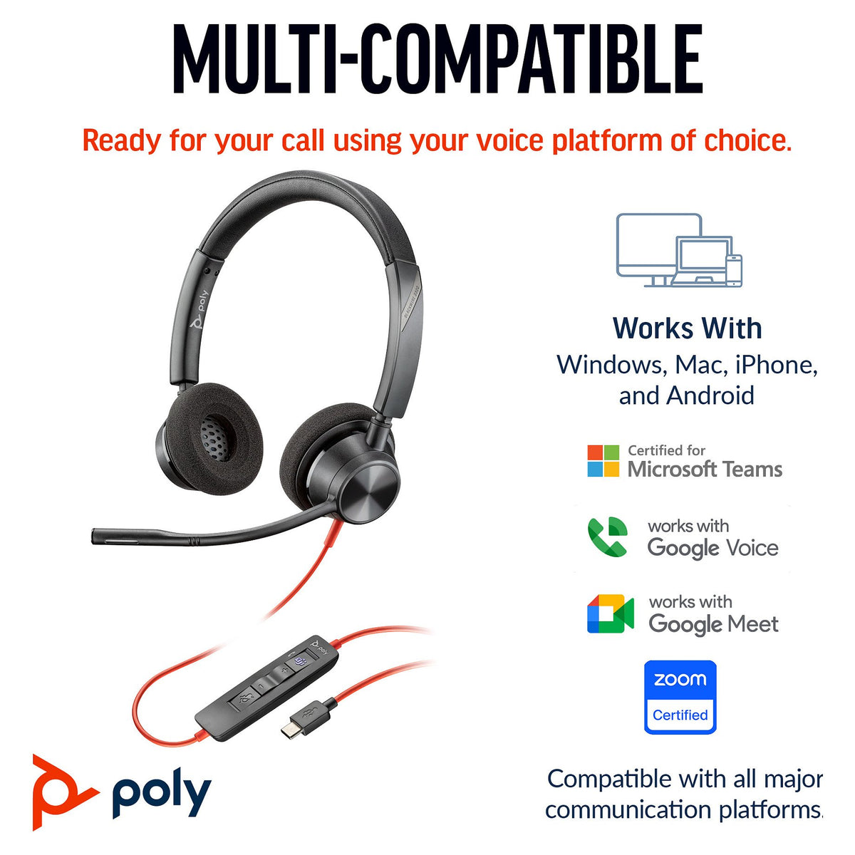 HP Poly Blackwire 3320 Stereo Microsoft Teams Certified USB-C Headset +USB-C/A Adapter (214012-01)