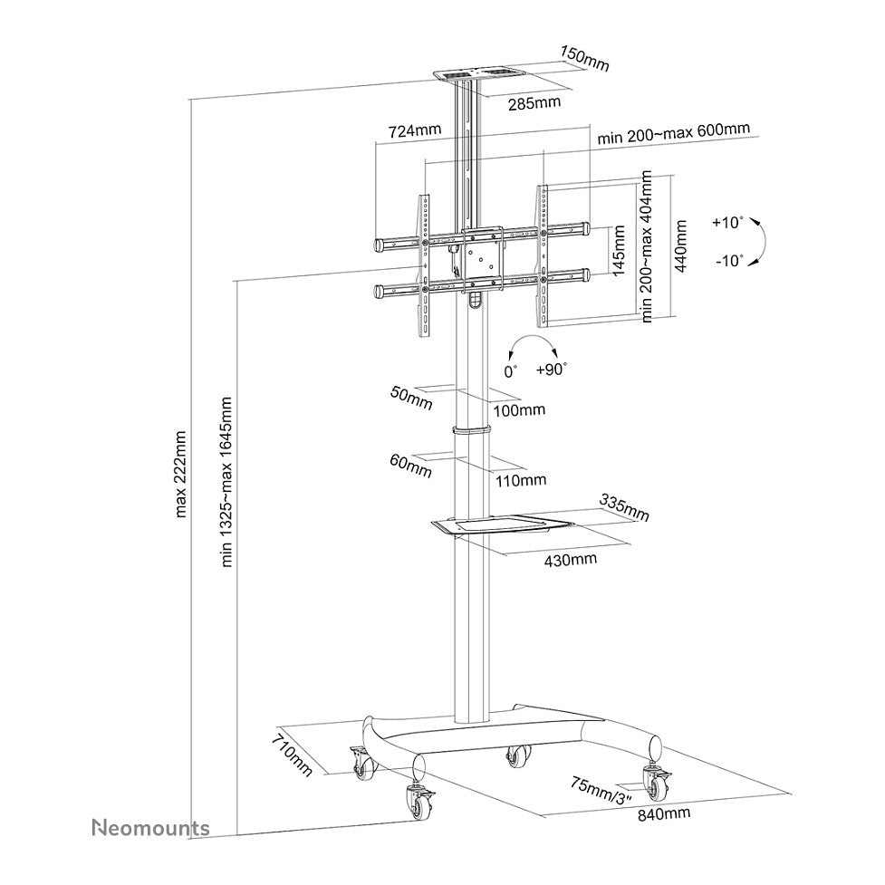Mobiler Bodenständer für Flachbild-Fernseher bis 70" (178 cm). 90° drehen 50KG PLASMA-M1900E Neomounts