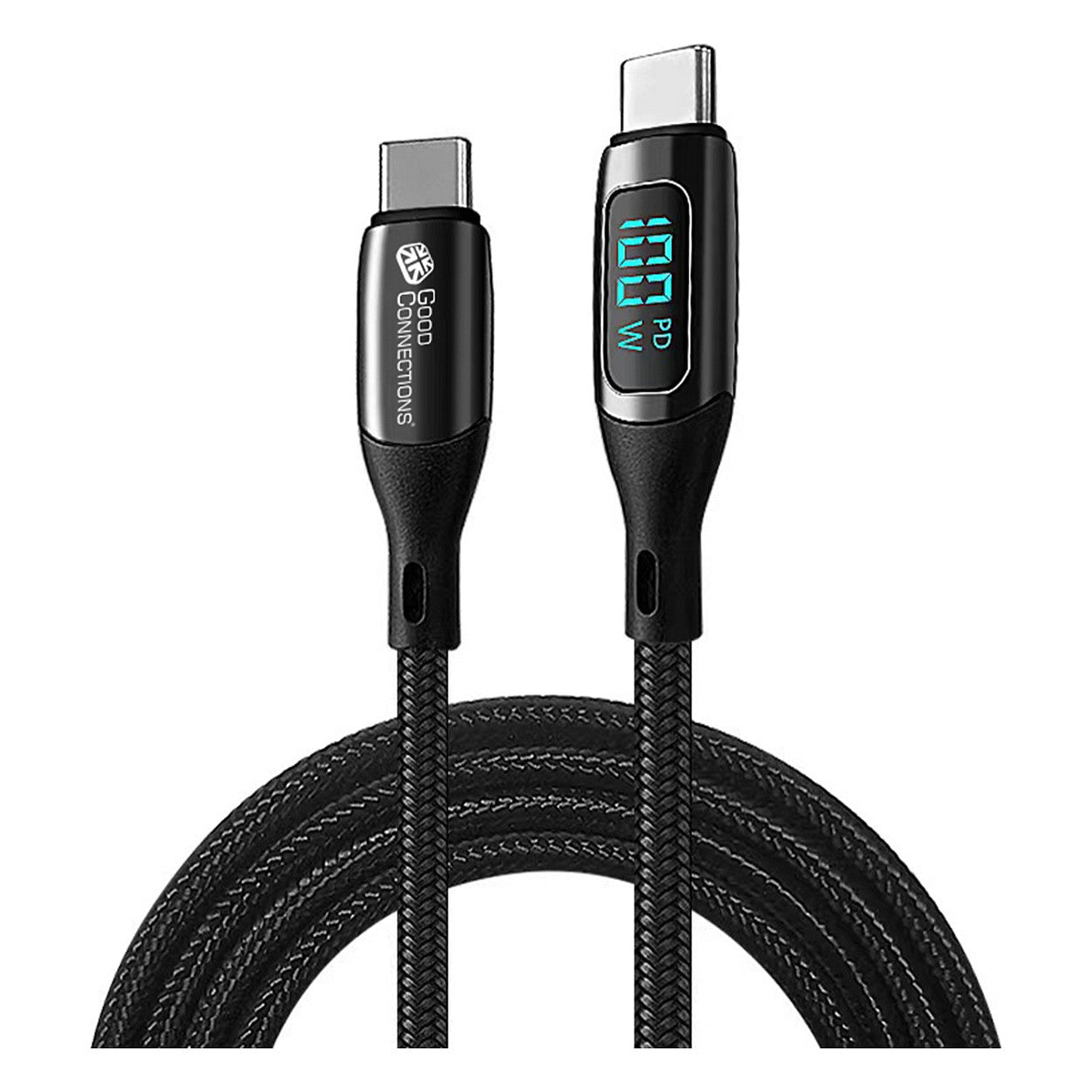 GoodConnections USB-C 2.0 (ST-ST) 1m Anschlusskabel mit Digitalanzeige Textilmantel 100W Schwarz