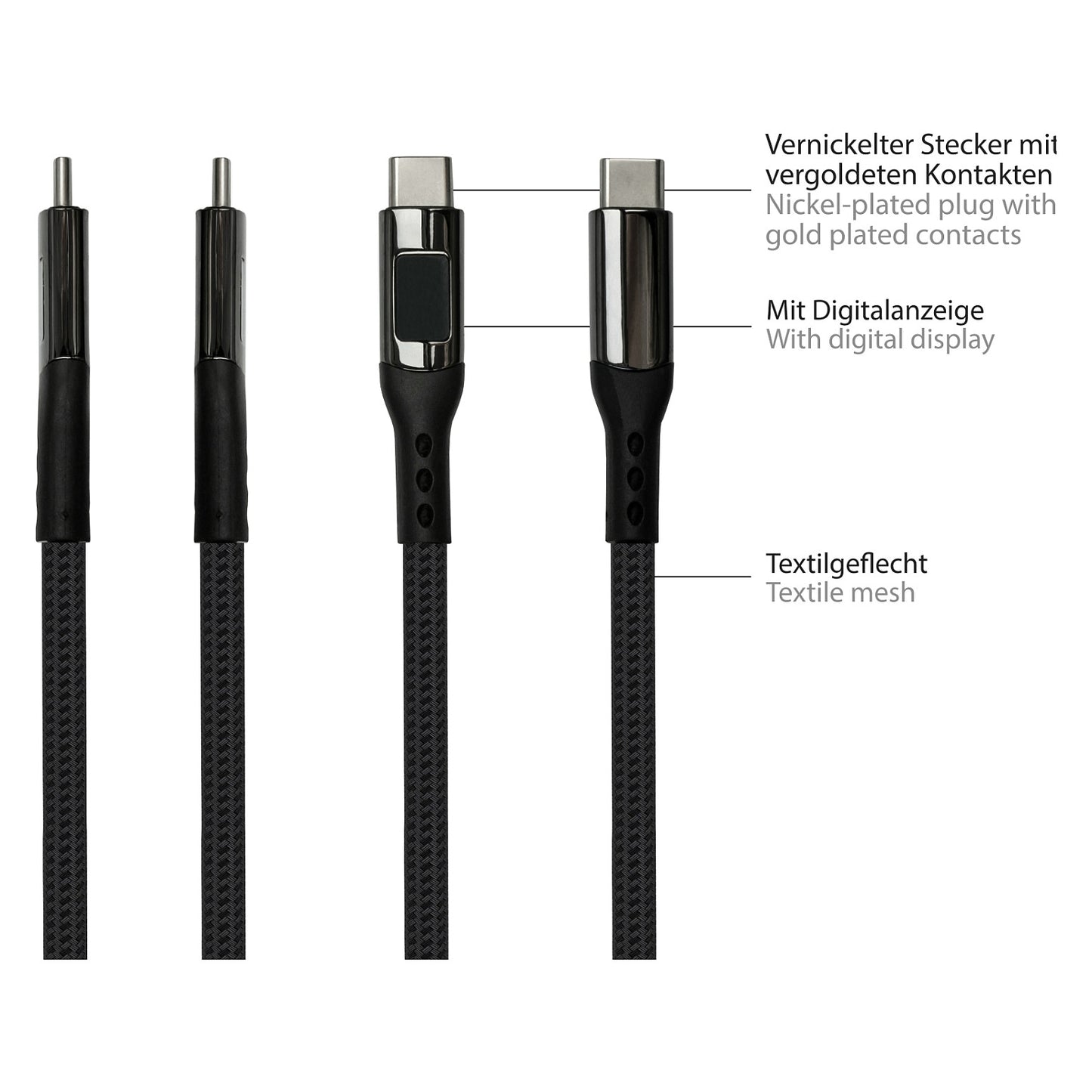 GoodConnections USB-C 2.0 (ST-ST) 1m Anschlusskabel mit Digitalanzeige Textilmantel 100W Schwarz