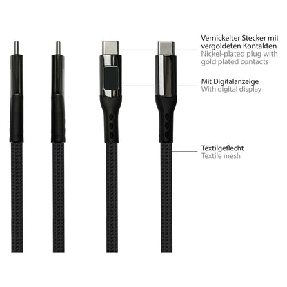 GoodConnections USB-C 2.0 (ST-ST) 1m Anschlusskabel mit Digitalanzeige Textilmantel 100W Schwarz