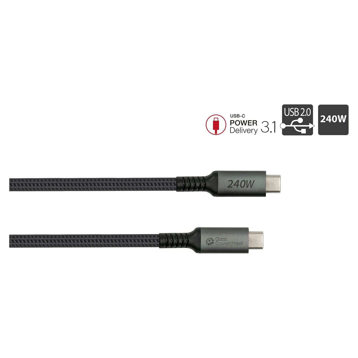 GoodConnections USB-C 2.0 (ST-ST) 0,5m Anschlusskabel Textilmantel 240W Anthrazit