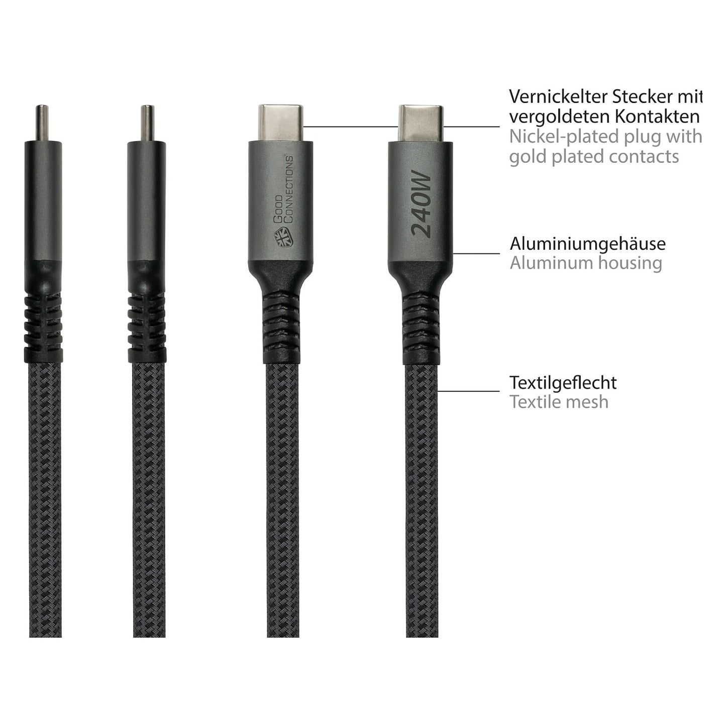 GoodConnections USB-C 2.0 (ST-ST) 2m Anschlusskabel Textilmantel 240W Anthrazit