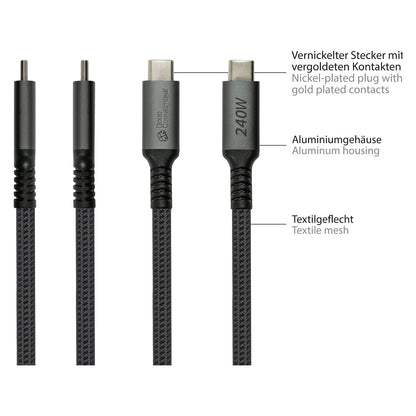 GoodConnections USB-C 2.0 (ST-ST) 2m Anschlusskabel Textilmantel 240W Anthrazit