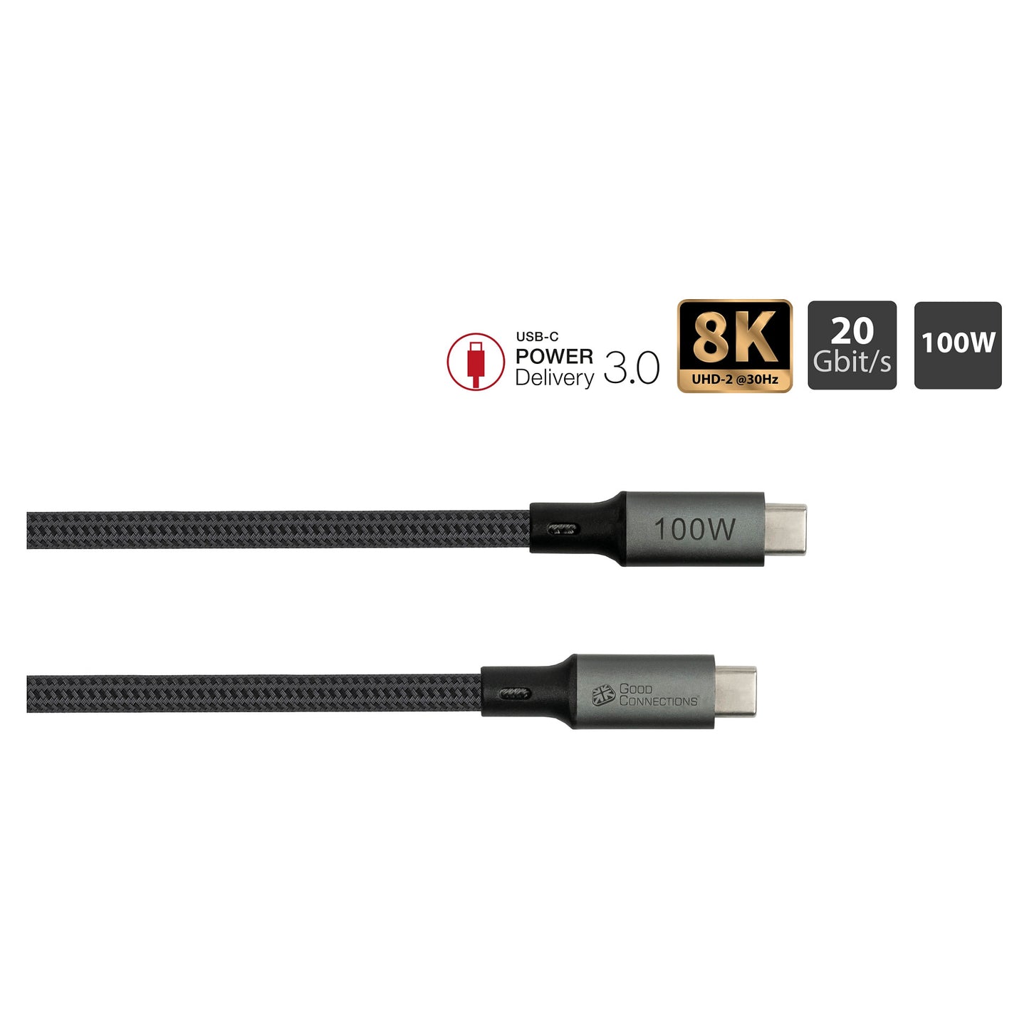 GoodConnections USB-C 4.0 (ST-ST) 1m Anschlusskabel Textilmantel 100W 8K 30Hz Anthrazit