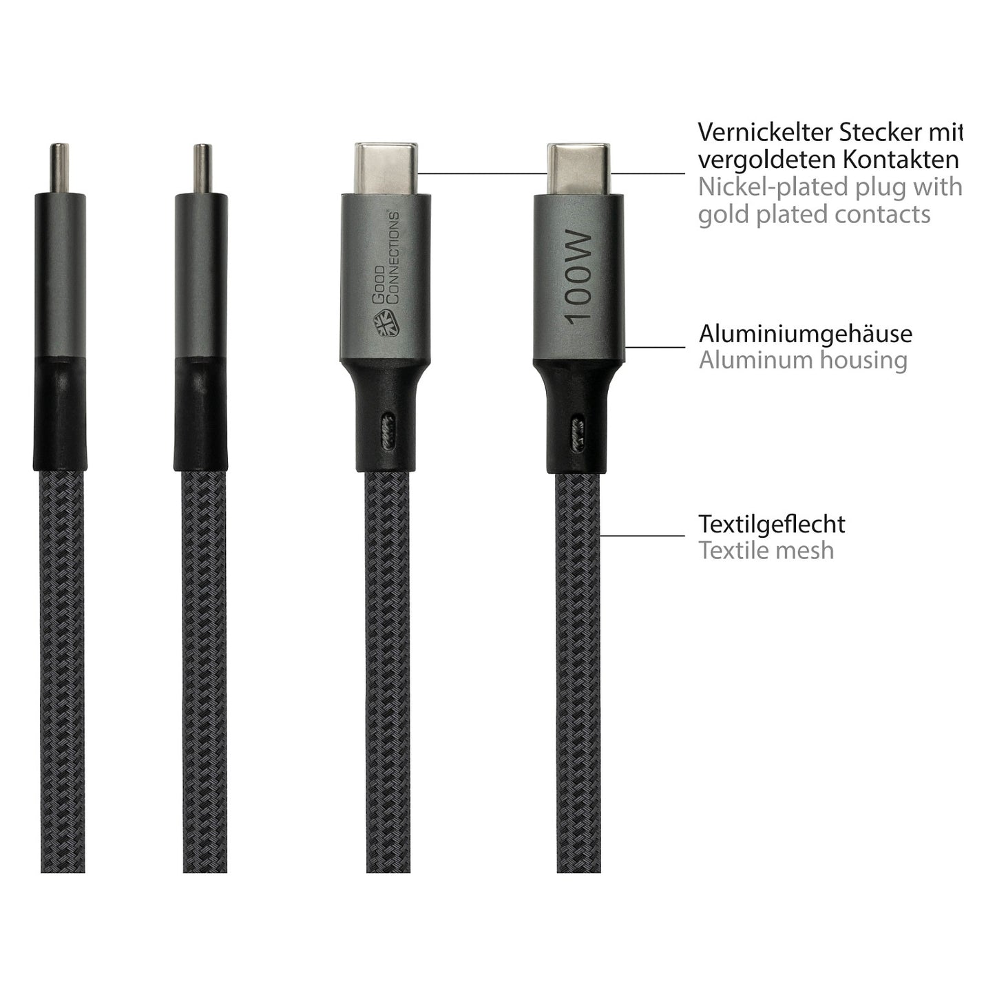 GoodConnections USB-C 4.0 (ST-ST) 1m Anschlusskabel Textilmantel 100W 8K 30Hz Anthrazit