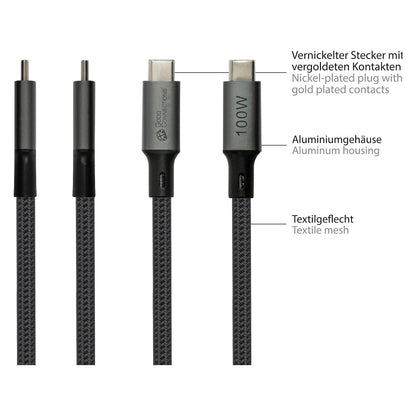 GoodConnections USB-C 4.0 (ST-ST) 1m Anschlusskabel Textilmantel 100W 8K 30Hz Anthrazit