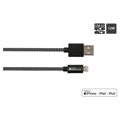 GoodConnections USB-A 2.0 > Lightning (ST-ST) 0,5m Ladekabel Textilmantel 12W Schwarz