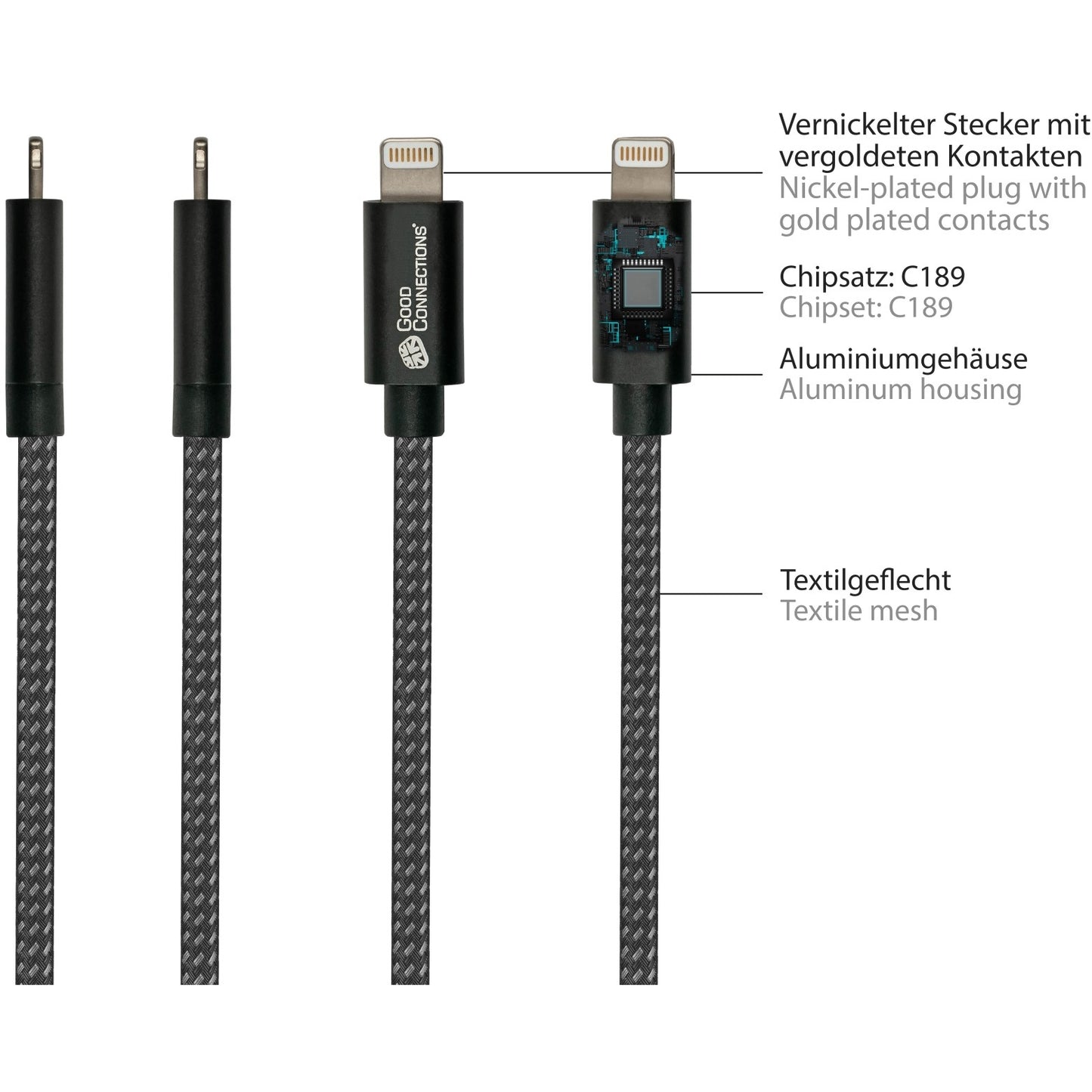 GoodConnections USB-A 2.0 > Lightning (ST-ST) 0,5m Ladekabel Textilmantel 12W Schwarz