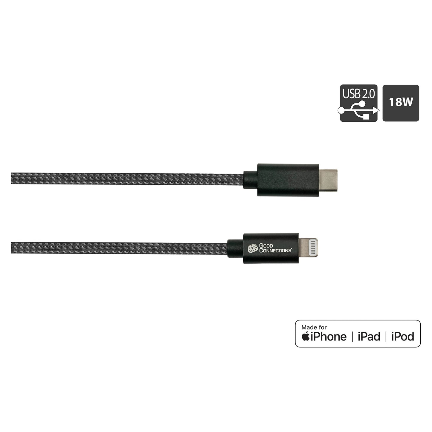 GoodConnections USB-C 2.0 > Lightning (ST-ST) 0,5m Ladekabel Textilmantel 18W Schwarz