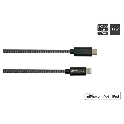 GoodConnections USB-C 2.0 > Lightning (ST-ST) 0,5m Ladekabel Textilmantel 18W Schwarz
