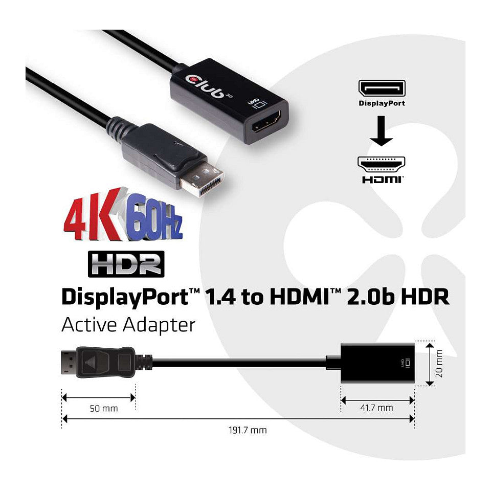 Club3D Adapter DisplayPort > HDMI 2.0b HDR 4K60Hz aktiv retail