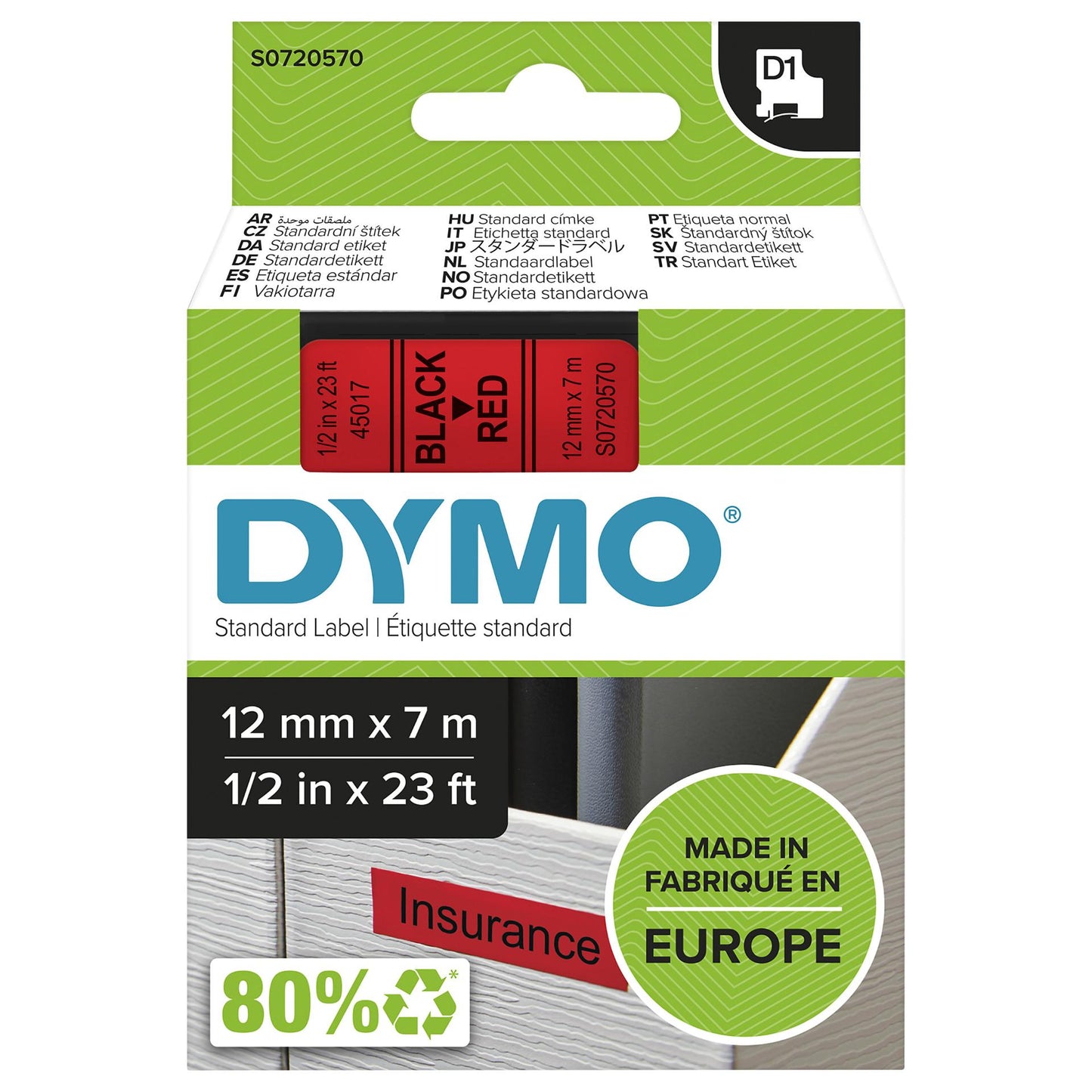 Dymo LabelWriter - D1 Etiketten Selbstklebend - 12 mm x 7 m - Schwarz auf Rot - (S0720570)