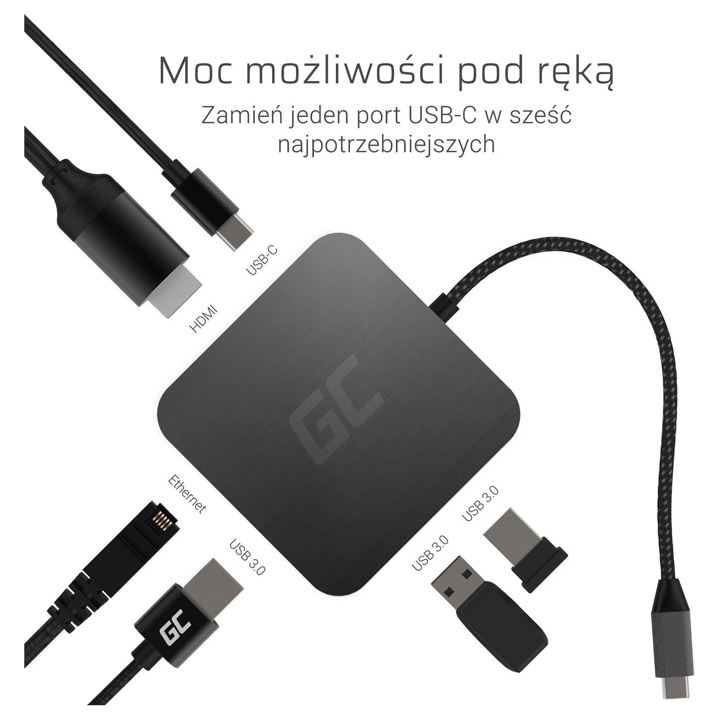 Green Cell AK61 USB-C HUB 6-Port 3xUSB 3.0; USB-C; HDMI; Gigabit LAN