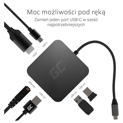 Green Cell AK61 USB-C HUB 6-Port 3xUSB 3.0; USB-C; HDMI; Gigabit LAN