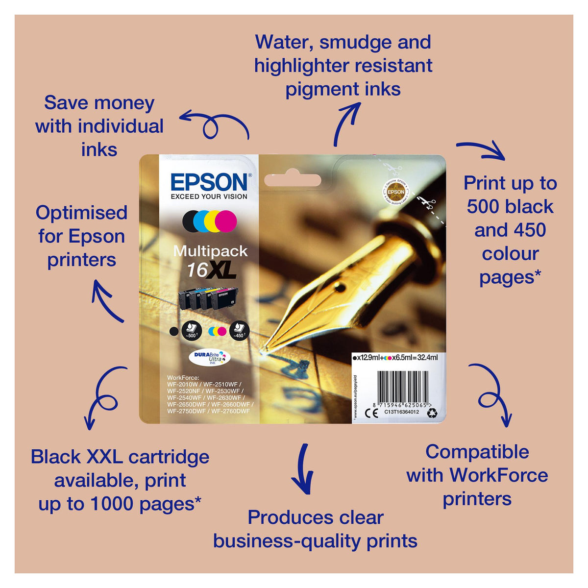 Epson Tinte 16XL C13T16364012 4er Multipack (BKMCY) bis zu 450 Seiten